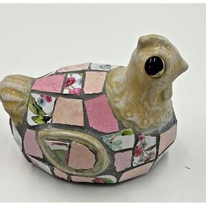 Vintage Mosaic Pottery Bird Figurine Pink Floral Decor 5"